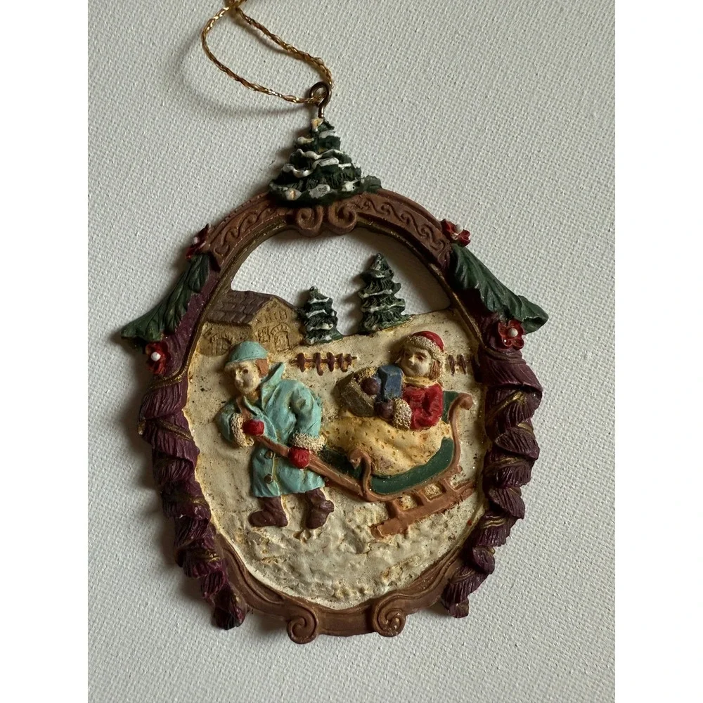 Vintage Ceramic Christmas Ornament Children with Sled Winter Scene 4 Inch